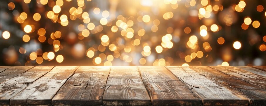 Rustic wooden table with a warm bokeh light background, perfect for product display and holiday themes.