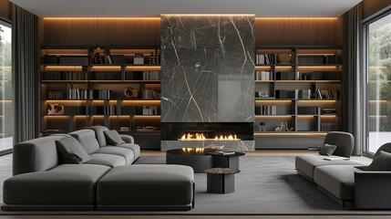 Living room, marble wall fireplace and stylish bookcase to the ceiling in a chic expensive interior of a luxurious country house with a modern design with wood and dark grey furniture
