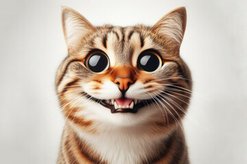 Photo of cat with a big teeth smile and huge eyes on a white background. ai generative - obrazy, fototapety, plakaty