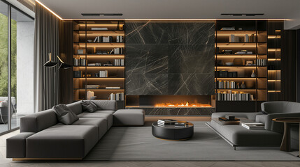 Living room, marble wall fireplace and stylish bookcase to the ceiling in a chic expensive interior of a luxurious country house with a modern design with wood and dark grey furniture