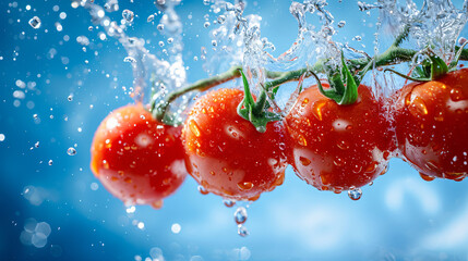 Flying Fresh Tomatoes with Water Splashes on Blue Background