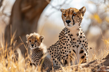 Lovely cheetah family, mother with cheetah cub in savanna grassland.