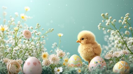 cute easter yellow fluffy chick surrounded by an array of beautiful flowers and Easter eggs against a soft turquoise background. festive and spring-like atmosphere, holiday season. digital art