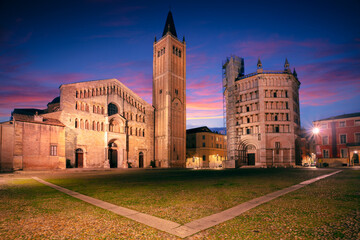 Parma, Italy. Cityscape image of old town Parma, Italy at beautiful autumn sunrise.