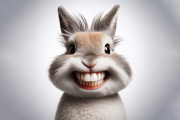 Photo of a funny rabbit with a big smile and big teeth on a white background. ai generative - obrazy, fototapety, plakaty