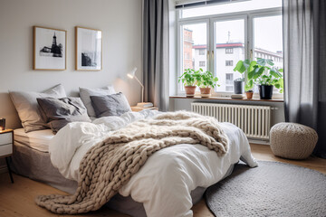 Stylish white and grey colour bedroom interior design scandinavian minimal style.