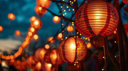 Chinatown red lantern lighting ornamental at night, Chinese new year and lantern festival concept.