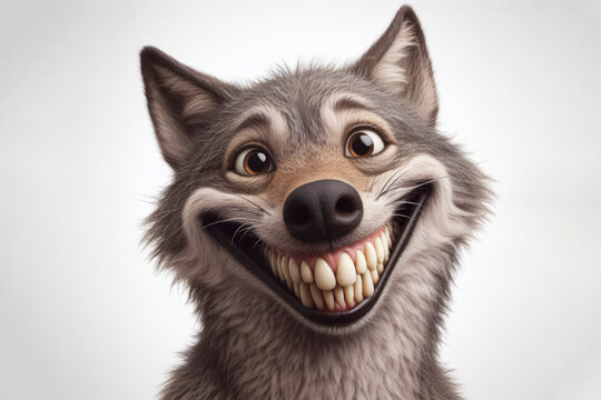 Photo of a funny wolf with a big smile and big teeth on a white background. ai generative