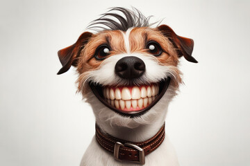 Portrait of a funny dog with a big smile and big teeth on a white background. ai generative - obrazy, fototapety, plakaty