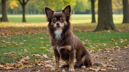 Chocolate long coat chihuahua dog in the park