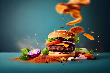 hamburger and fries, fast food online delivery, laptop, online order, restaurant, social media...