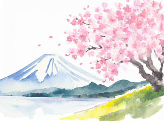 水彩富士山と桜の日本の春の風景