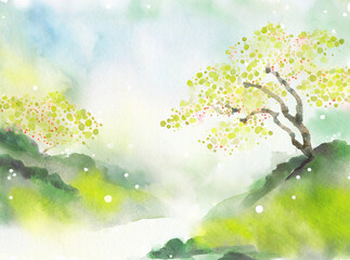 水彩の日本の早春の風景
