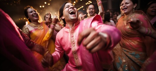 Joyful wedding guests dancing at traditional Indian ceremony. Cultural celebration. - obrazy, fototapety, plakaty