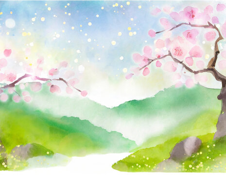水彩の水辺の桜と日本の春の風景