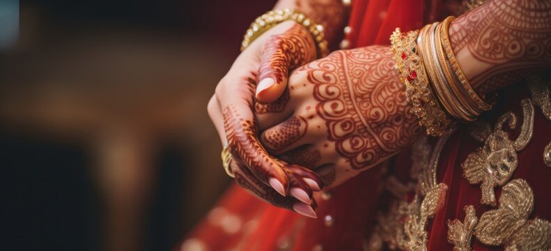 Close-up of traditional Indian bride and groom's hands during wedding ceremony. Cultural traditions.