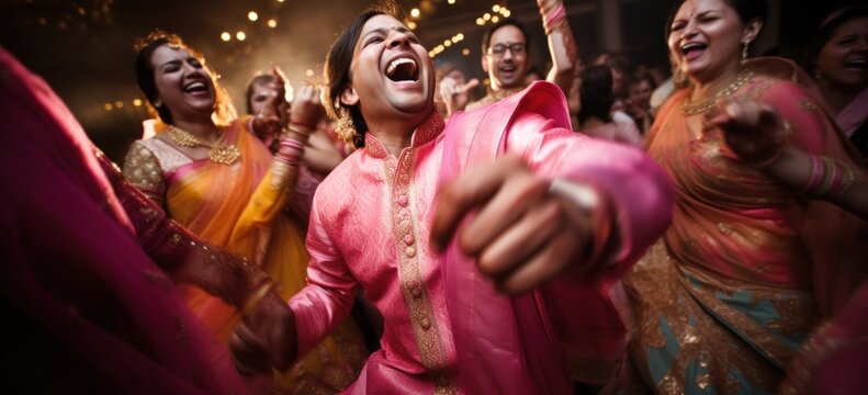 Joyful wedding guests dancing at traditional Indian ceremony. Cultural celebration.