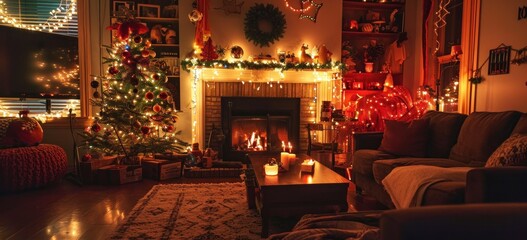Fototapeta na wymiar Cozy living room decorated with festive lights and Christmas tree. Holiday season atmosphere