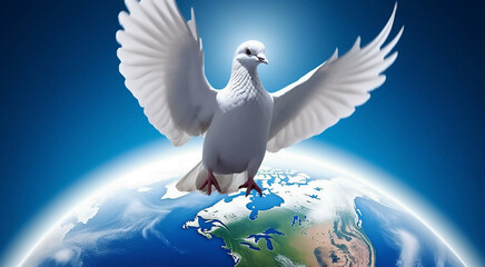 A white pigeon flies against the background of the blue planet Earth