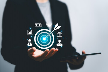 Business target and success concept, Businesswomen show goals target icon in hand, Management of educational development digital marketing, banking, Investment financial, Good human development