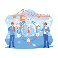 Two business people using digital tablets at a construction site. They made innovations in digital cranes. Concept Technology with Forex Graph Hologram. Trend Modern vector flat illustration