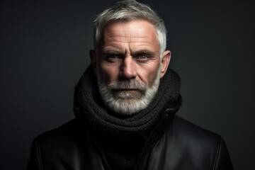 Portrait of a senior man with grey beard and mustache wearing a black leather jacket and scarf.