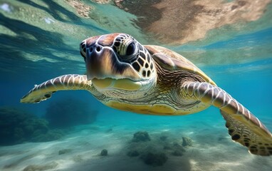 Fototapeta premium Under the sea banner. Marina poster. Portrait of a happy sea turtle swimming underwater. Diving spot concept. AI Generative.
