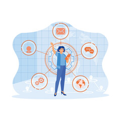 Business people use smartphones with digital holograms. Global digital business concept. Finance and trade concept. Trend Modern vector flat illustration