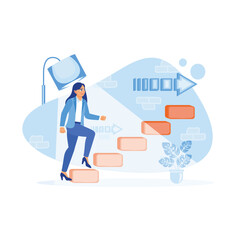 A young businesswoman in the spotlight climbing stairs with arrows on the wall. Leadership and career development concept. Career Development Concept. trend flat vector modern illustration