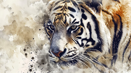 Abstract watercolor portrait of a white tiger with exquisite black stripes creating mystery