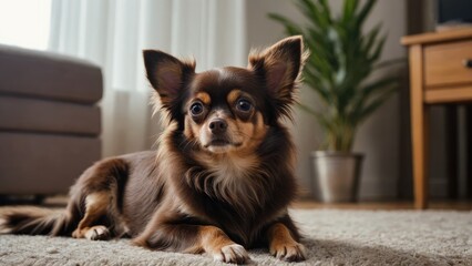 Chocolate long coat chihuahua dog laying on the floor indoor