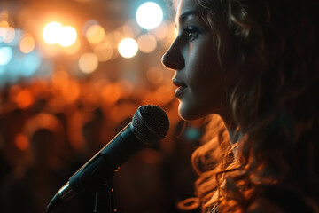 Public speaking, singer or stand-up woman speaks into a microphone on stage - obrazy, fototapety, plakaty