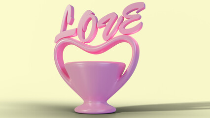 Lovely 3d illustration of pink heart shaped coffee cup, with love letters on it, against pastel light yellow background. Spreading love concept. Love is in the air. Love forever. Valentine idea.