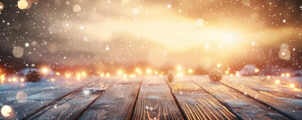 A wooden table dusted with snow against a backdrop of warm, glowing bokeh lights, evoking a festive winter scene.