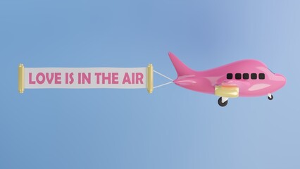 Fototapeta premium 3d illustration of flying pink airplane with LOVE IS IN THE AIR banner against gradient blue background. Minimal concept. 3d illustration highly usable. Summer design. 3d airplane. Flying. Traveling.