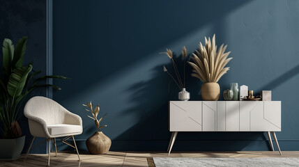 Commode with chair and decor in living room, dark blue wall mock up background