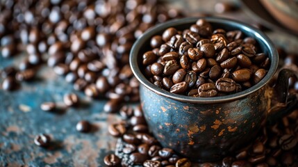 Fototapeta premium Coffee beans in cup. Coffee background