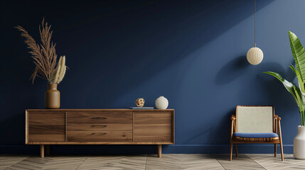 Commode with chair and decor in living room, dark blue wall mock up background