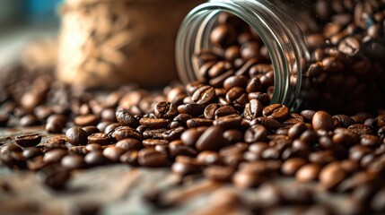 Spilled coffee beans from glass jar. Coffee background