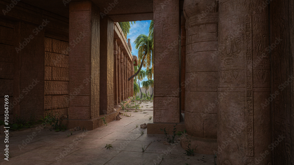 Poster Ancient Egyptian temple building with decorated stone columns. Blue sky and palm trees are visible through an open door. 3D illustration.
