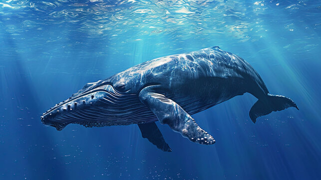 On the frame, a beautiful whale floating in blue waters gives the picture a feeling of boundless s