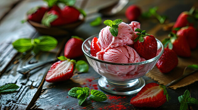 Photos of cool ice creamshock with strawberries and mint, creates an atmosphere of fun and delicio