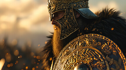 The king is in gold a picture of a viking in luxurious gold armor, reflecting his greatness and we - obrazy, fototapety, plakaty