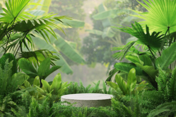 Concrete podium tabletop floor in outdoor tropical garden forest blurred green leaf plant nature...