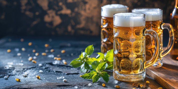 Festive beer time poster with an empty text area and full, frothy mugs and decorative frame on a textured backdrop.