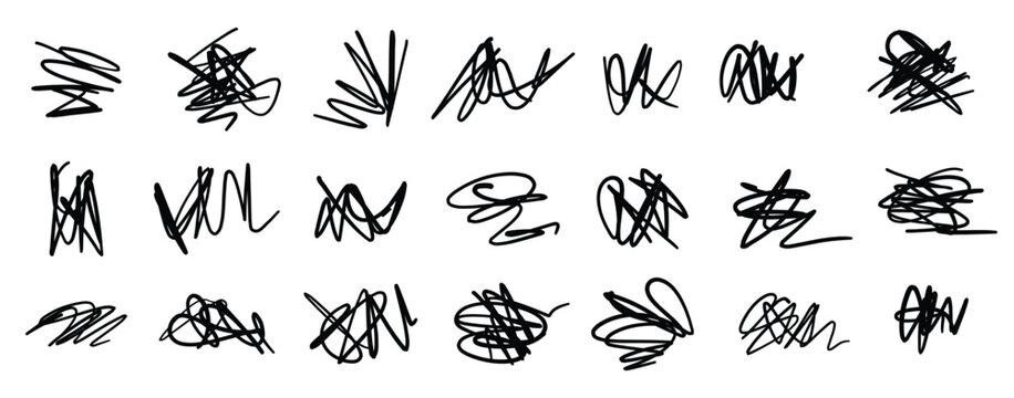 Abstract set of scribble doodles. Scribble brush strokes vector set. Hand drawn marker scribbles. Black pencil sketches. Hand drawn lines, squiggles, daubs isolated on white background.