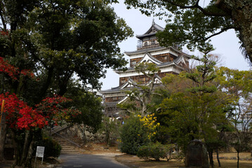 Hiroshima castle, garden grounds and stairs leading into the castle