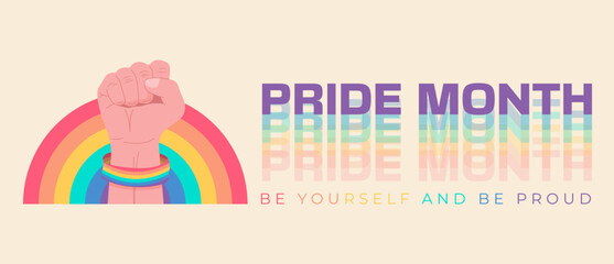 Fototapeta premium Fist up celebrating LGBTQ pride month. Pride month banner celebration against violence, discrimination, human rights violation. Equality and self-affirmation.Vector illustration