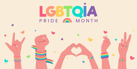 People hold hands up celebrating LGBTQ pride month. Pride month banner celebration against violence, discrimination, human rights violation. Equality and self-affirmation.Vector illustration