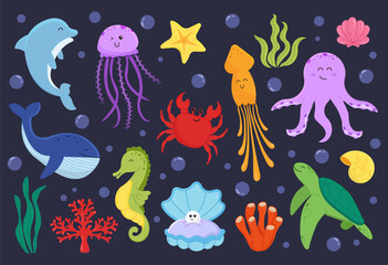 Set of cute sea animals and fish. Marine underwater life. Fish and wild marine animals isolated on dark background. Cute whale, squid, octopus,turtle, jellyfish, crab and seahorse.Vector